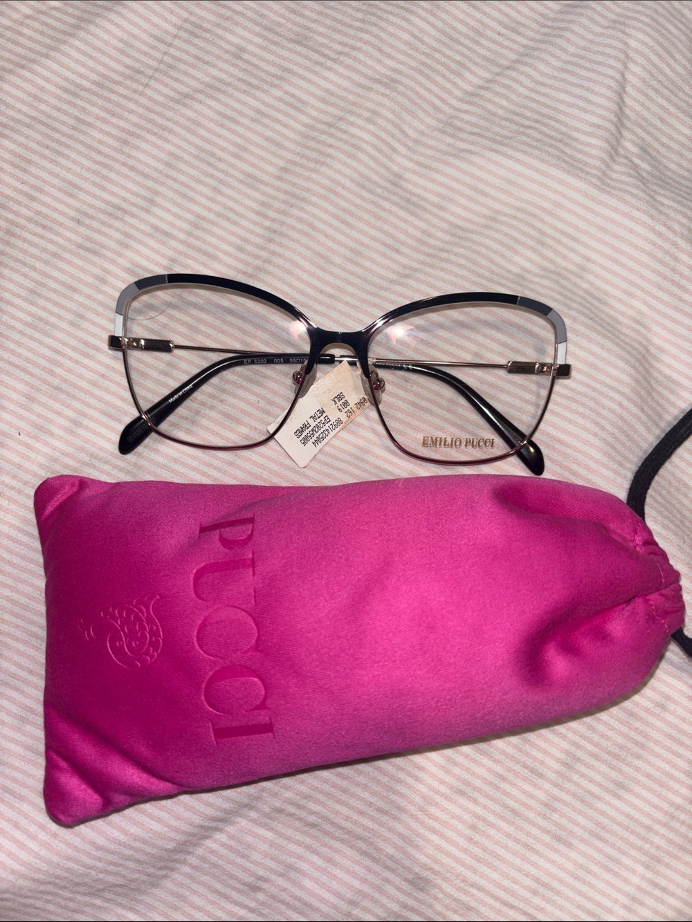 Emilio Pucci Black Metal-Trim prescription frames with Hot Pink Logo Pouch